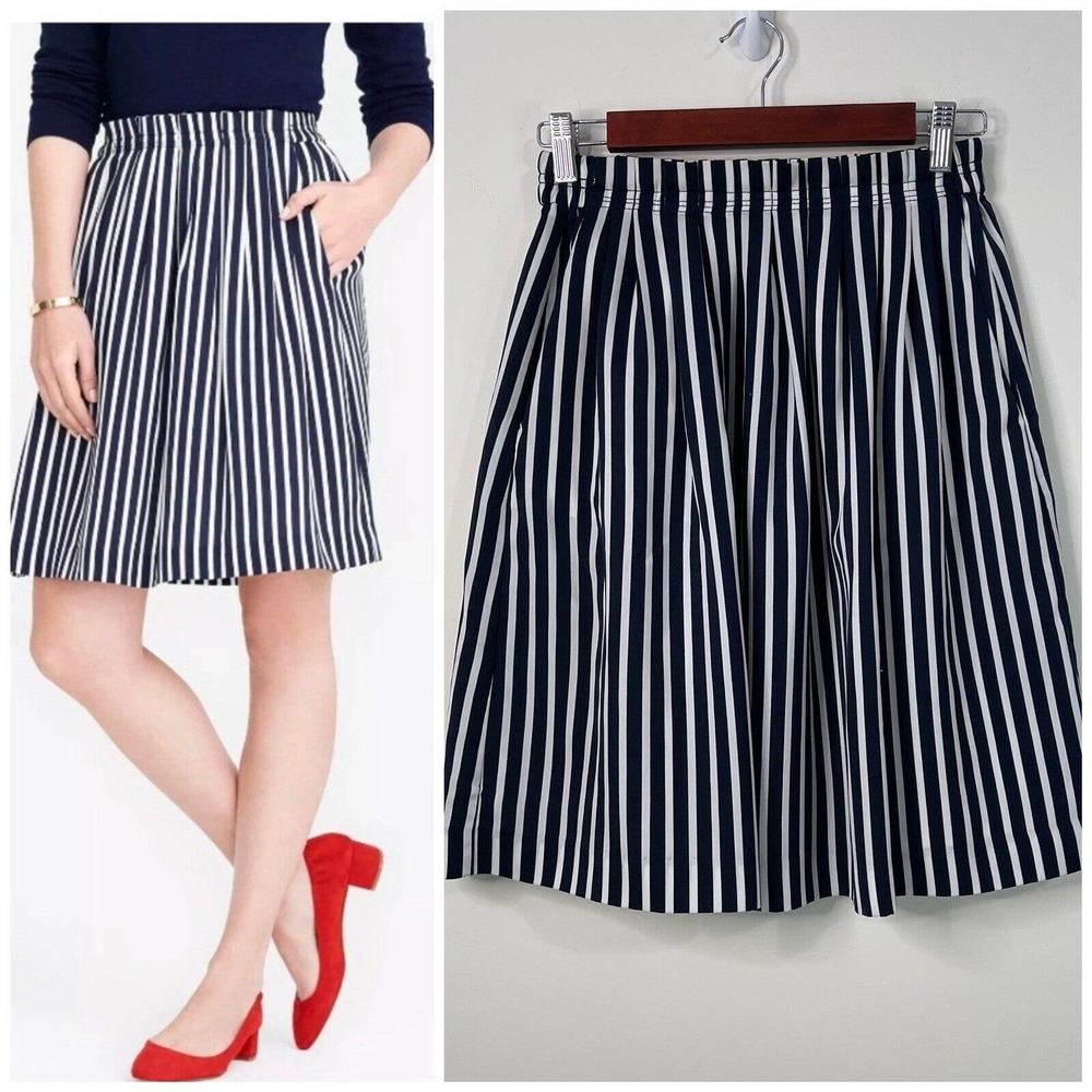 J. Crew Merchandile Striped Pleated Skirt Size 2 Navy Lined Elastic Waist
